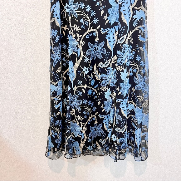 100% Silk Floral Midi Dress Black Blue Sheer Overlay Size 4 - Picture 11 of 13